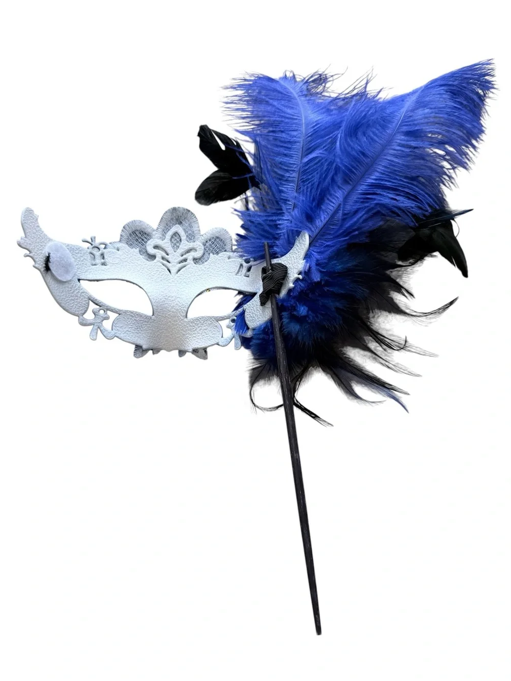 Blue Feathered Masquerade Mask with Stick (G347)